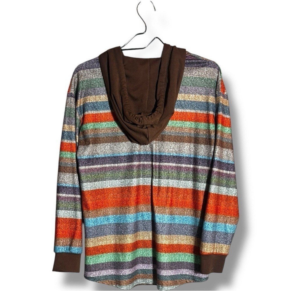 Striped Multicolor Button Up Brown Hood and Front Pocket Long Sleeve Sweater - Picture 15 of 16